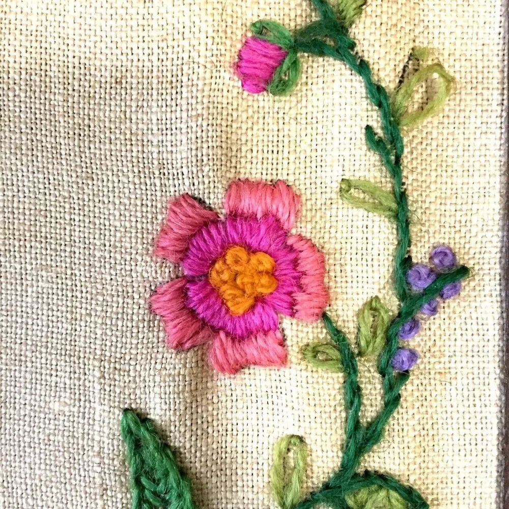 Antique Framed Mirror Crewel Embroidery Jacobean Sampler Linen Wool Floral Bird